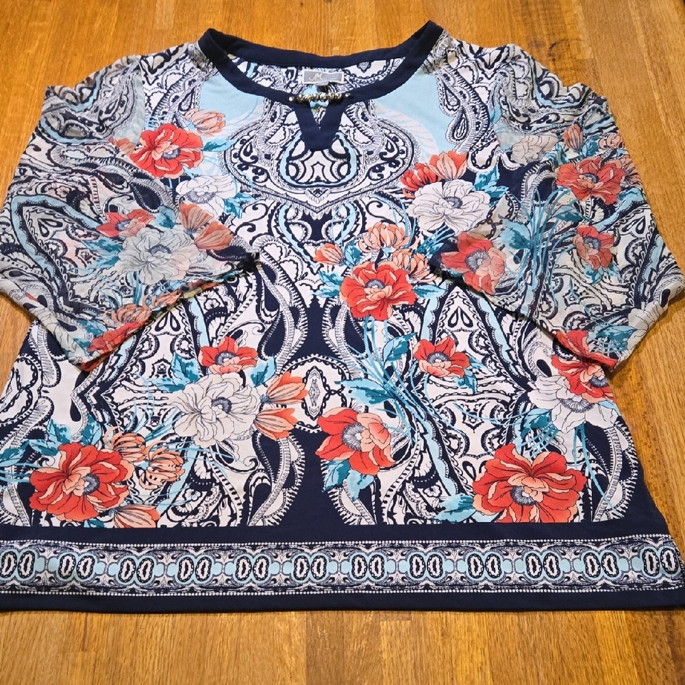 JM Collection Women Large Floral Paisley Keyhole‎ 3/4 Sheer Sleeve Blouse